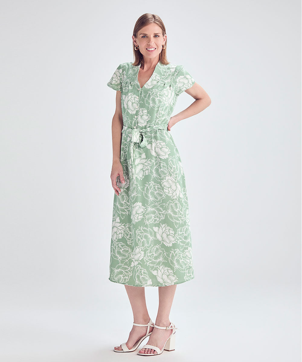 VESTIDO MIDI GASA CREPE VERDE ESTAMPADO PV25