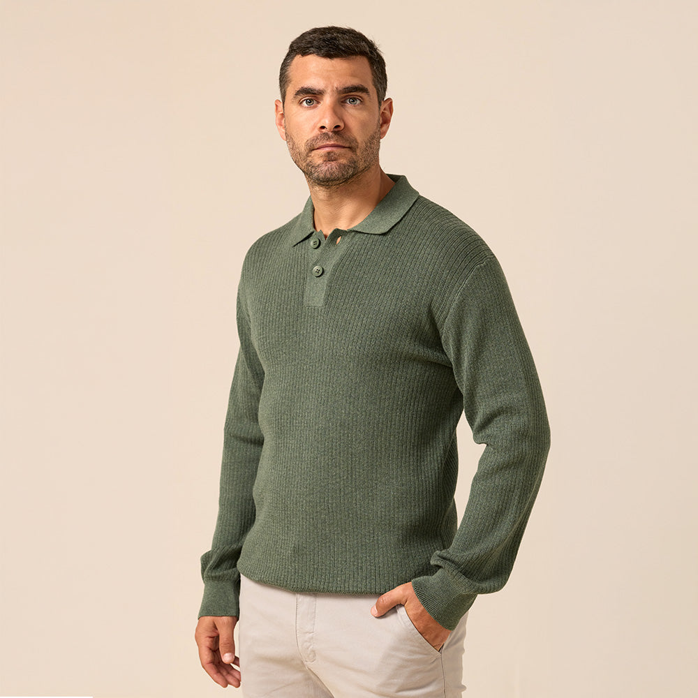 POLO MANGA LARGA TEJIDO CUELLO CAMISERO VERDE OI26