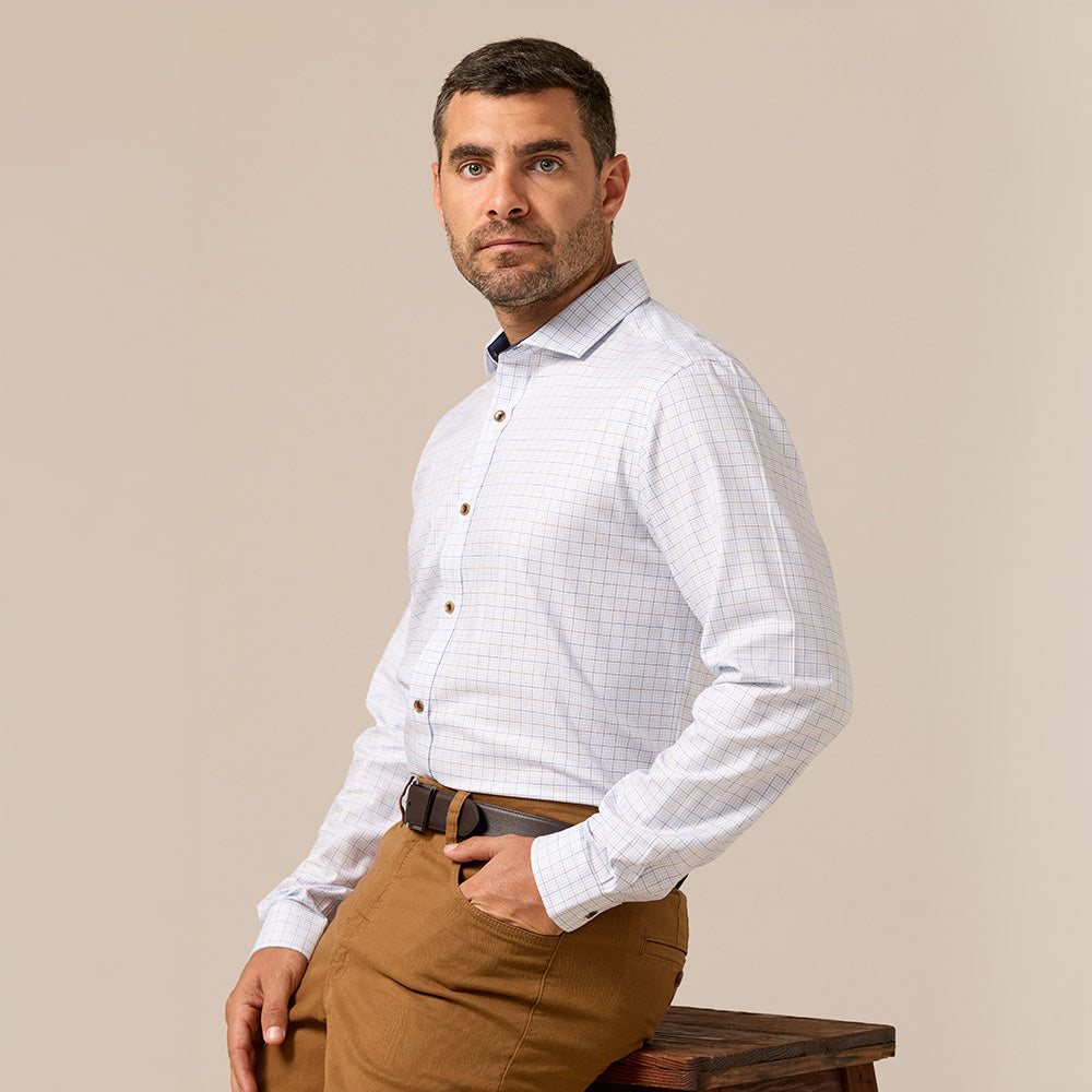 CAMISA MANGA LARGA CASUAL CUELLO SPREAD REGULAR FIT CELESTE CUADROS