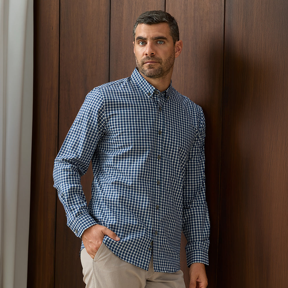 CAMISA MANGA LARGA CASUAL CUELLO SHORT BUTTON DOWN SLIM FIT COBALTO CUADROS