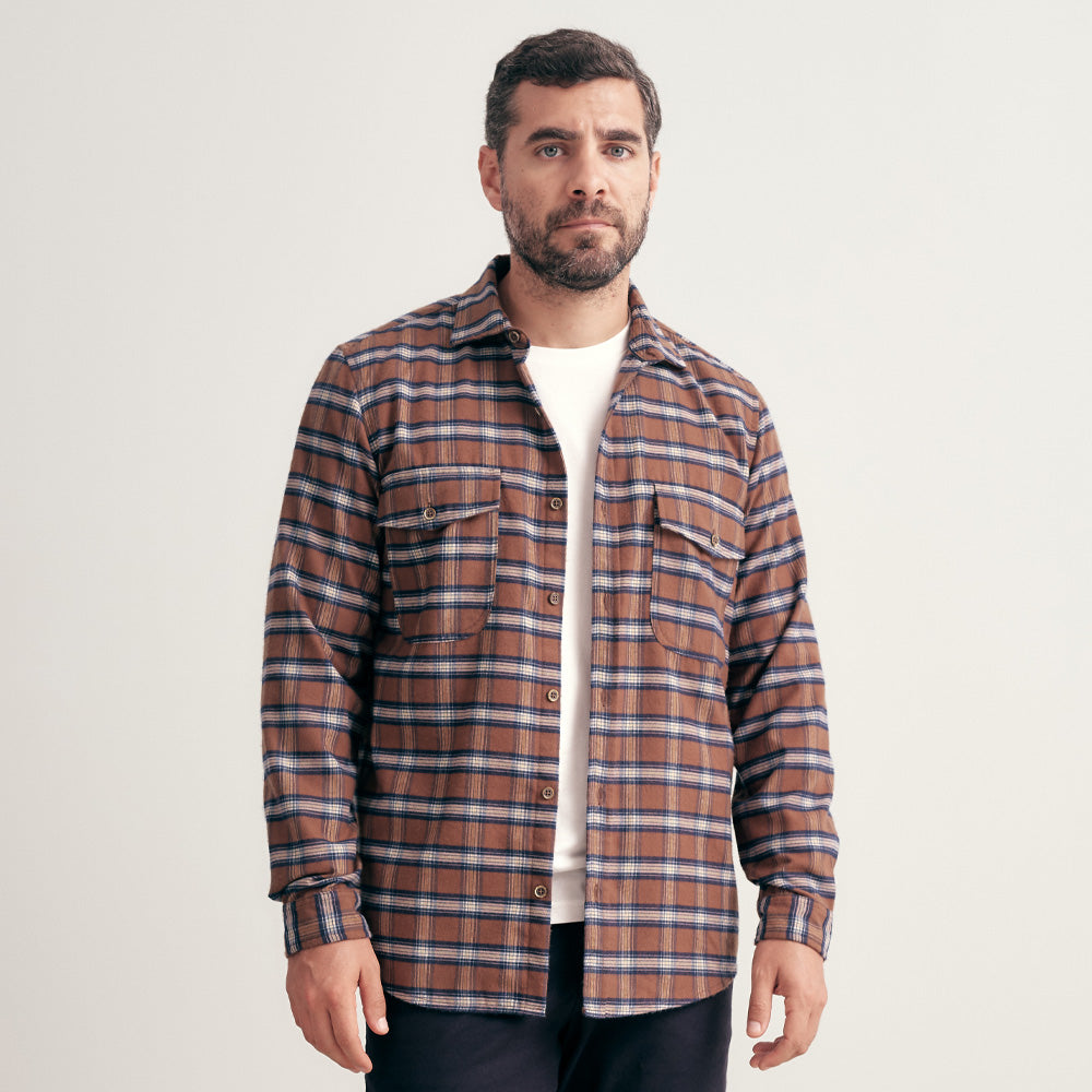 CAMISA FRANELA CUELLO SPREAD REGULAR FIT MARRON CUADROS