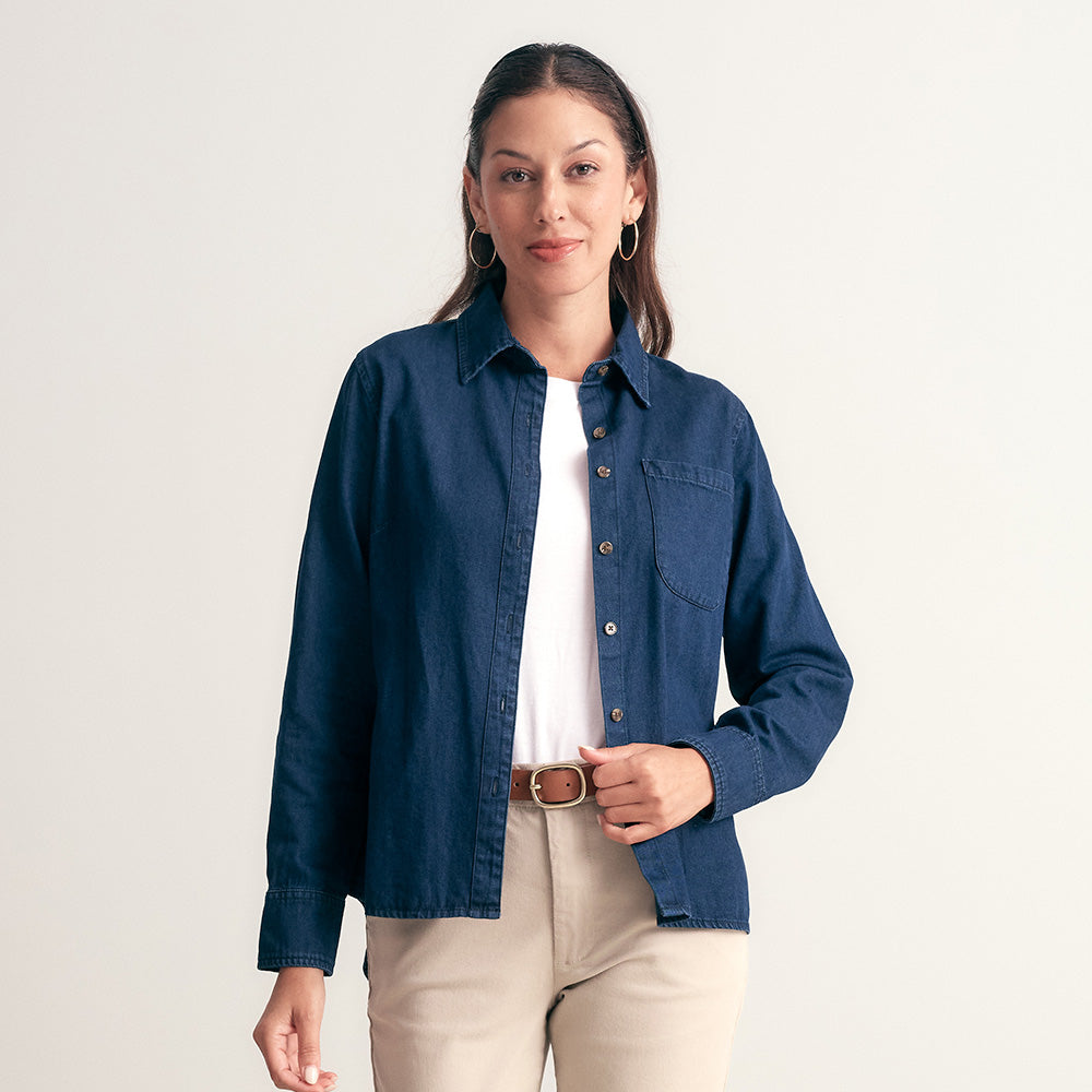 BLUSA MANGA LARGA DENIM CUELLO REGULAR CON BOLSILLO INDIGO