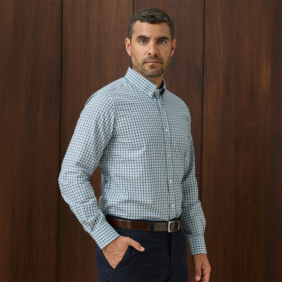 CAMISA MANGA LARGA DE VESTIR CUELLO BUTTON DOW SLIM FIT VERDE AGUA CUADROS OI26