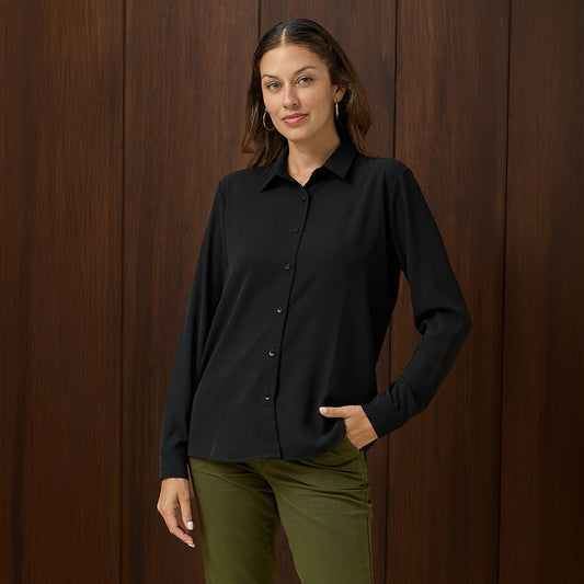 BLUSA MANGA LARGA GASA CUELLO REGULAR NEGRO