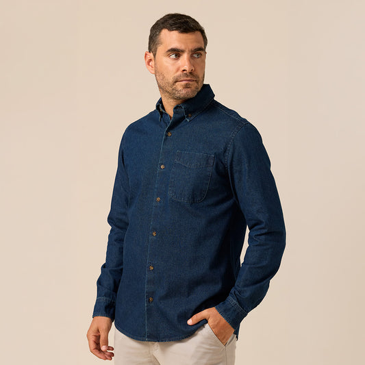 CAMISA MANGA LARGA CASUAL DENIM CUELLO BUTTON DOWN REGULAR FIT AZUL