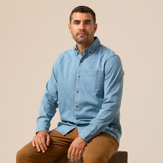 CAMISA MANGA LARGA CASUAL DENIM CUELLO BUTTON DOWN REGULAR FIT CELESTE OSCURO
