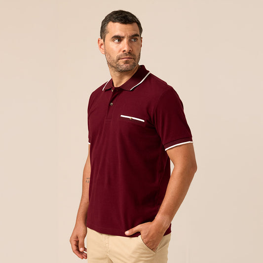 POLO MANGA CORTA PIQUE CUELLO BOX CON TIPPING EN MANGAS VINO