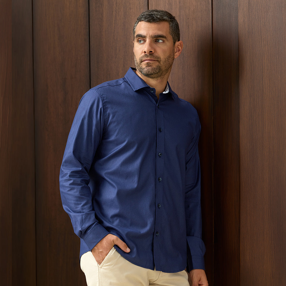 CAMISA MANGA LARGA CASUAL CUELLO SPREAD REGULAR FIT AZUL TRAMADO