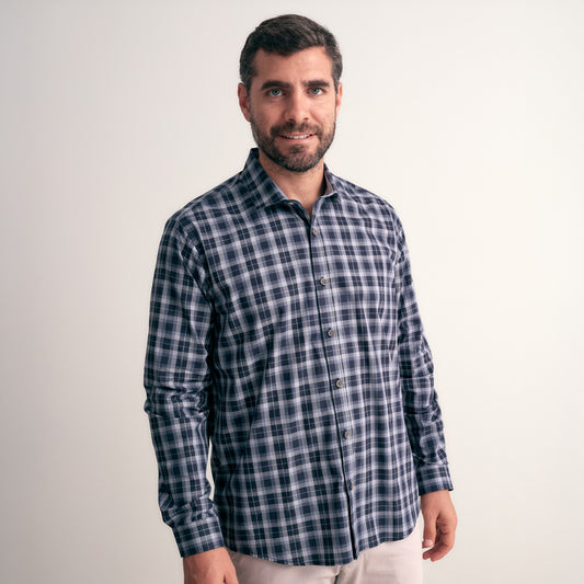 CAMISA CUELLO WIDE SPREAD REGULAR FIT AZUL CUADROS