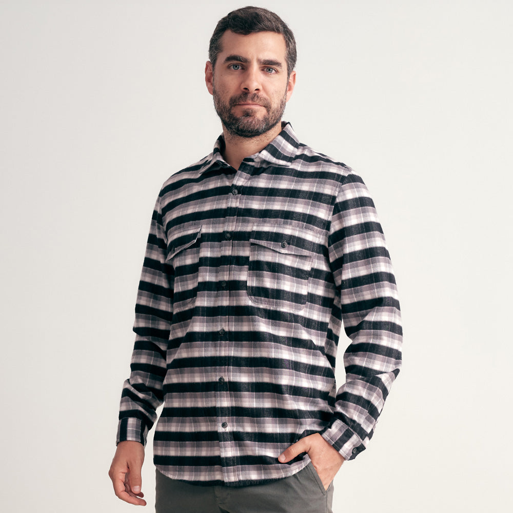 CAMISA FRANELA CUELLO SPREAD REGULAR FIT NEGRO CUADROS