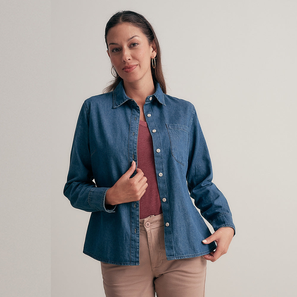 BLUSA MANGA LARGA DENIM CUELLO REGULAR CON BOLSILLO AZUL