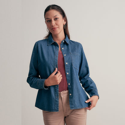 BLUSA MANGA LARGA DENIM CUELLO REGULAR CON BOLSILLO AZUL